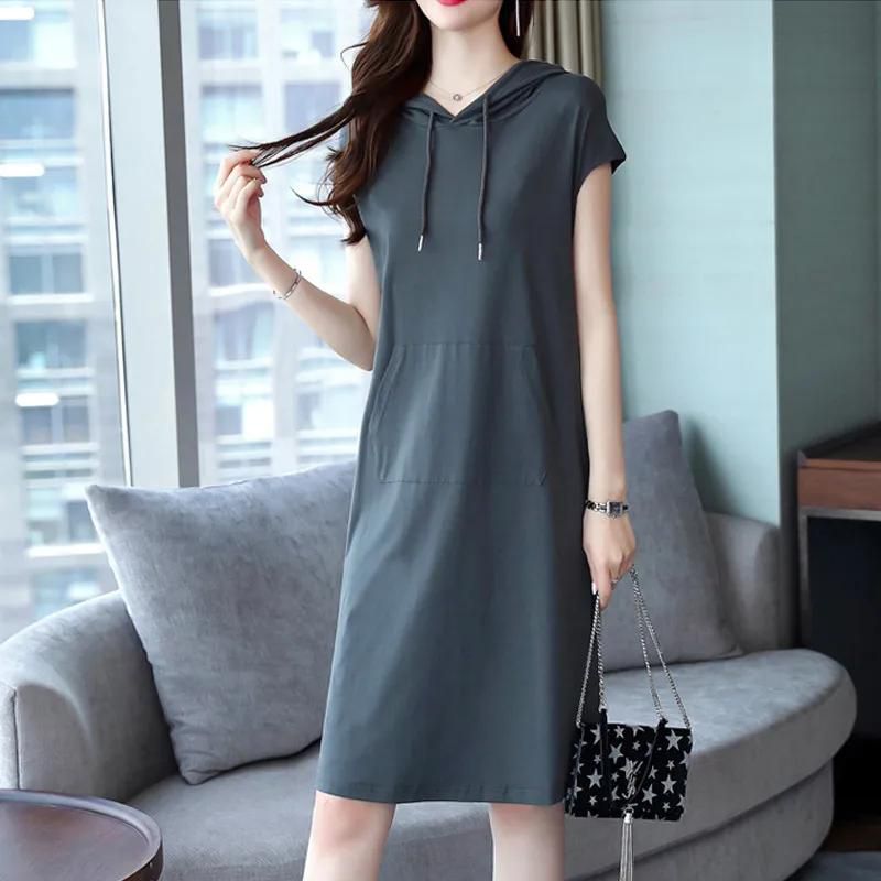 Casual hooded short sleeve one-piece dress for women in summer Korean fashion temperament large women's loose medium long T-shirt