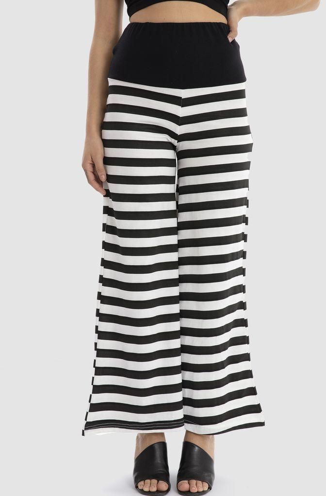 Kady Elastic Waist Striped Wide Leg Pants - Black & White