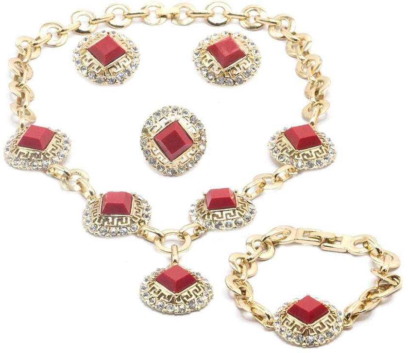 Tanos - Fashion Gold Plated Set (Necklace/Earring/Ring/Bracelet) Immitation Coral Square w/ line stone