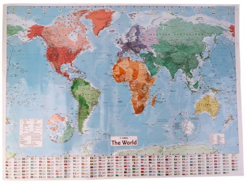 Collins World Map Wall Poster Geographical Atlas Educational Chart