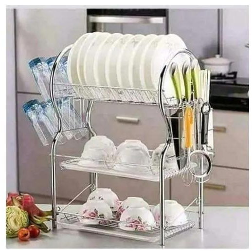3-Tier Dish Rack / Utensils Rack Stainless Steel with Drain Board Silver 3 layer Silver L