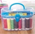A Box Of Multi-colored Thread Spools + Sewing Needles, Scissors, And Sewing Supplies