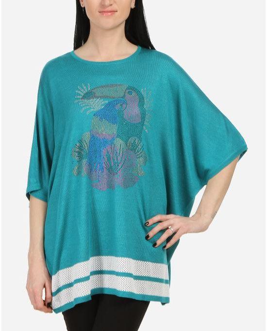 Bella Donna Knit Top With Colored Stones-Teal