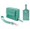 Faux Croc Embossed Leather Zip-around Card Holder Wristlet with Removable Wrist Strap Comes with Classic Luggage Tag Teal