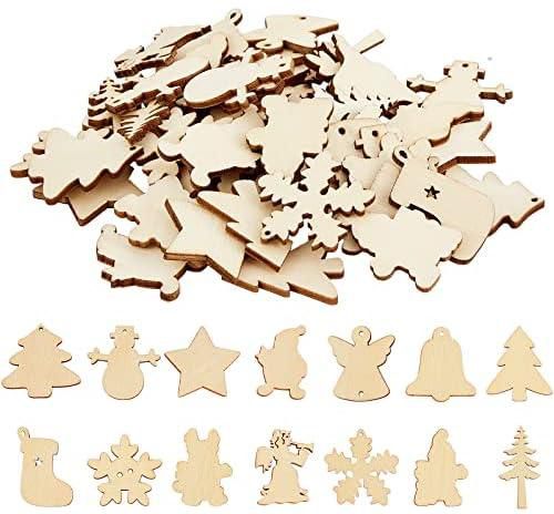 300 Pcs Christmas Theme Natural Wood Slices Mini Unfinished Wood Christmas Ornaments Small Snowflake Christmas Tree Shape Wood Cutouts Tiny Wooden Craft Embellishments DIY Craft Xmas Decorations 1.26"