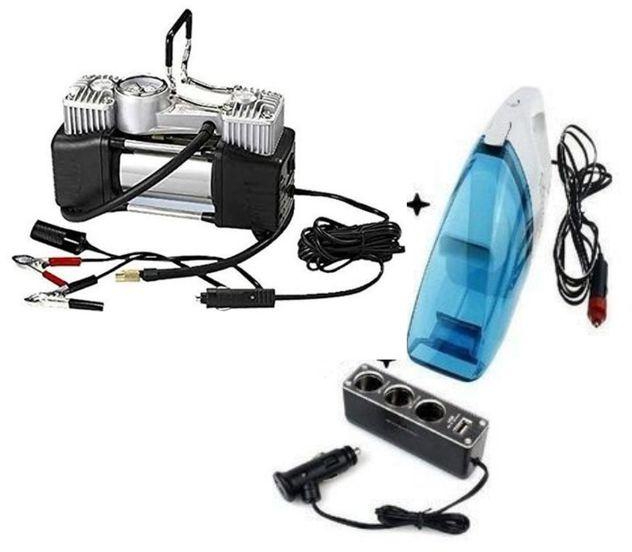 Car Air Compressor - 2 Cylinder + Car Vacuum Cleaner + USB Power Supply - 3 Sockets