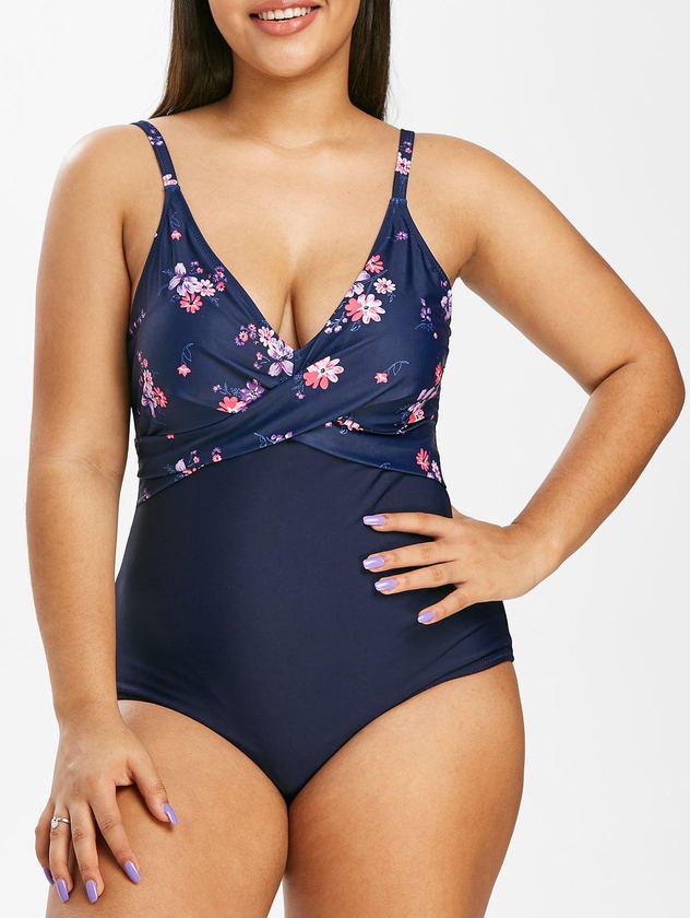 Plus Size Flower Crossover Open Back One-piece Swimsuit - L