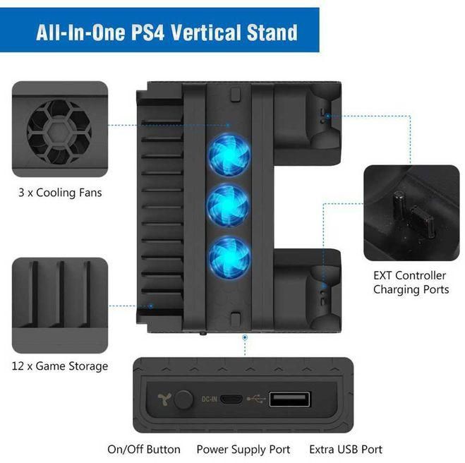 Pawaca Cooling Dock For PS4/ PS4 Slim/ PS4 Pro, Multifunctional Vertical Stand With Dual Controller Charger Station, 3 Cooling Fans And 12 Game Disc Storage (Black) GDMALL