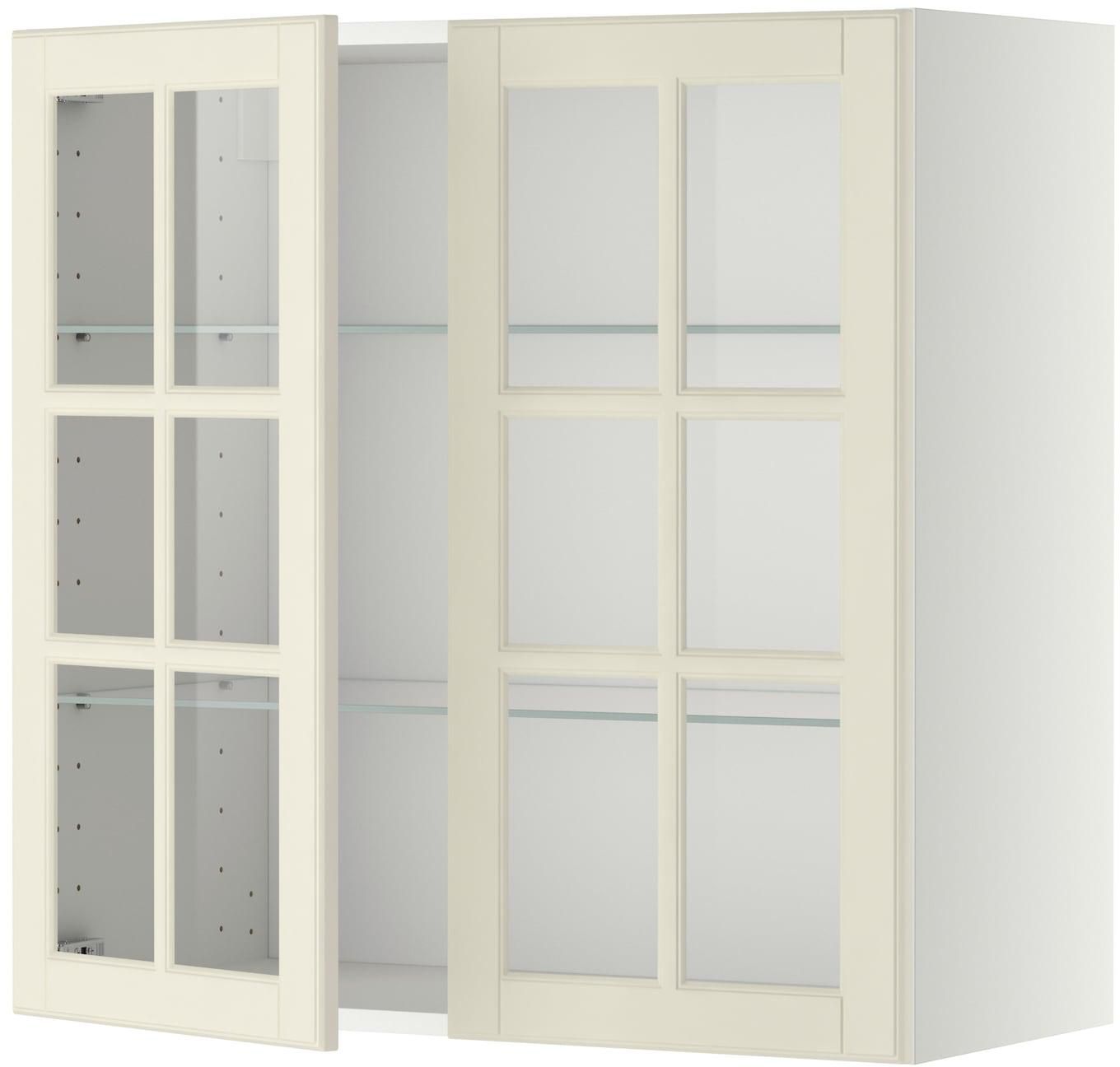 METOD خزانة حائط مع أرفف/بابين زجاجية - أبيض/Bodbyn أبيض-عاجي ‎80x80 سم‏