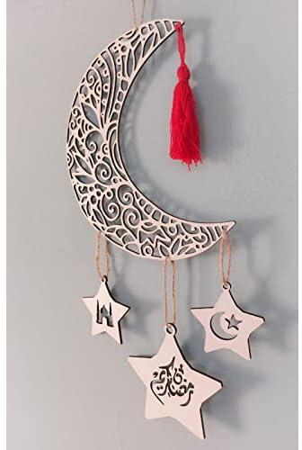 Ramadan decorations, decorative wood pendants, a crescent moon with Ramadan lanterns, in a folkloric Ramadan atmosphere