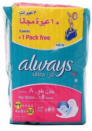 Always Ultra Long Thin Pad - 32 Pads - 3 Packs + 1 Free Pack