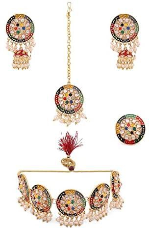 ZAVERI PEARLS Multicolor Meenakari Flower Design Choker Necklace Earring Maangtikka & Ring Set For Women-ZPFK13825