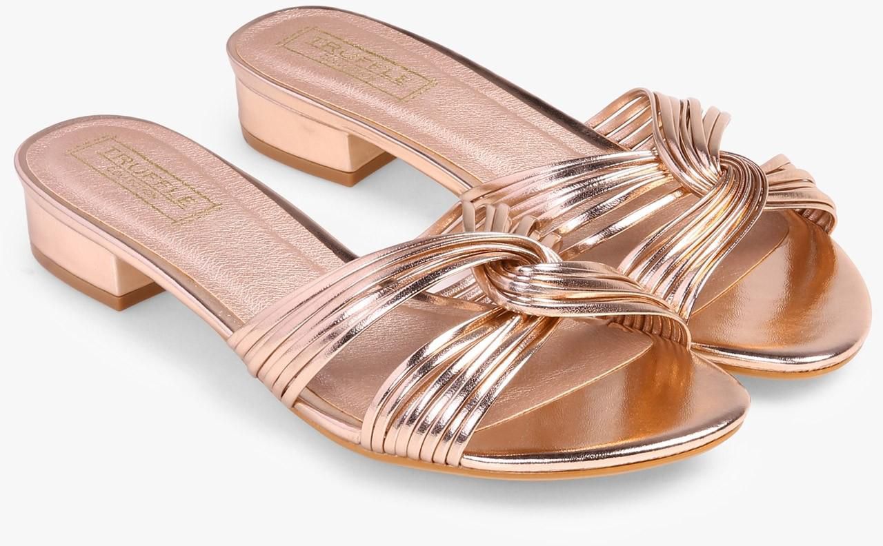 Rose Gold Strappy Knot Front Mid Heel Sandals