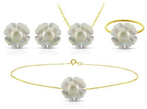 Vera Perla 18K Yellow Gold Flower Shape with White Pearl Jewelry Set - 4 Pieces