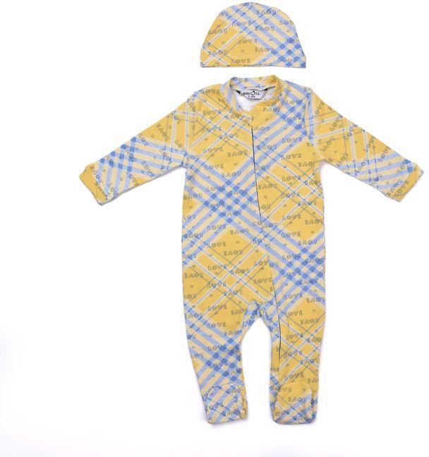 Baby Co. Yellow/blue Soft Cotton Baby Bodysuit With Ice Cap.