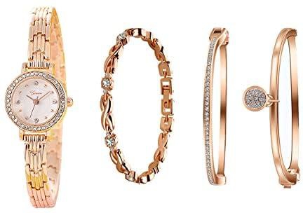 Women Crystal Watch and Fashion Bangle Jewelry 3 pcs Set, Elegant Bracelet Quartz Wrist Watchs Holiday Gift Set for Ladies and Girls (RoseGold)