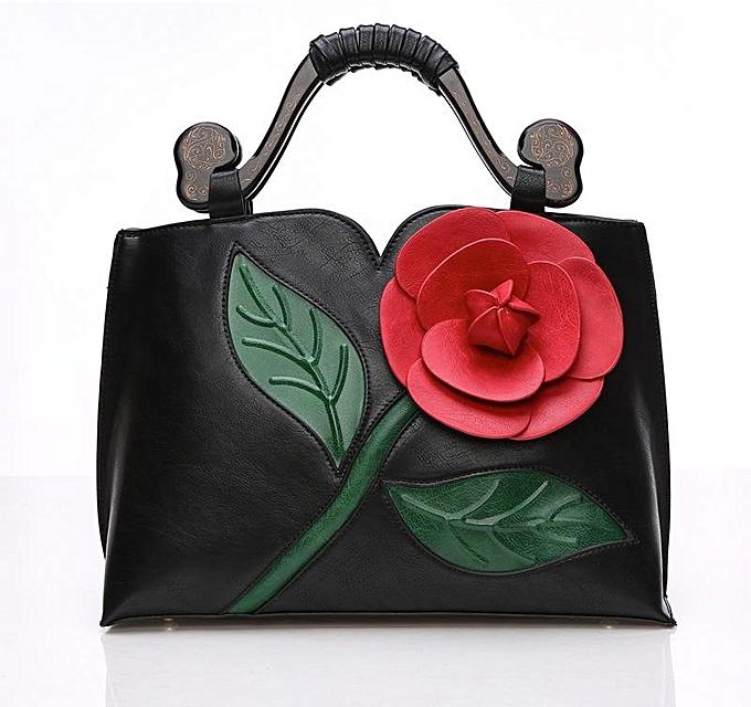 Women National Style Flower Decoration PU Leather Handbag Crossbody Bag #black