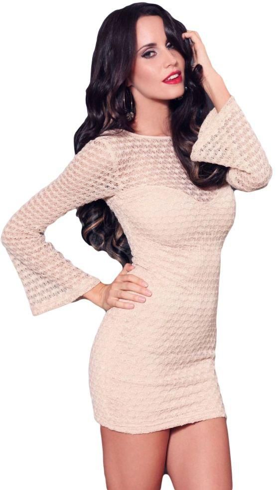 Flesh Pink Sheer Textured Mini Dress with Bell Sleeves