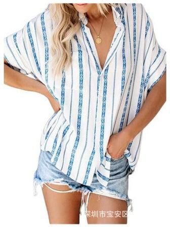 Summer Breathable Casual Loose Stripe Pockets Short Sleeve Shirt Blouse Tops White