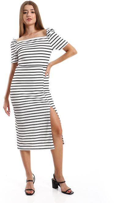 Kady Striped Casual Dress With Side Slits - White & Black.