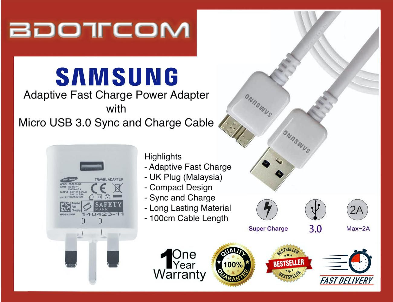 Samsung Adapter Charger with Micro USB 3.0 Sync Data Cable for Samsung