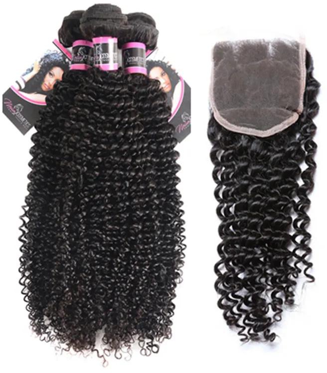 100% Human Hair Kinky Curly Weave Bundles Brazilian Virgin Human Hair 3 Bundles with 4*4 Lace Closure or 4 Bundles