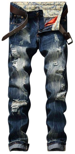 Generic Scratched Zipper Fly Ripped Jeans——BLUE