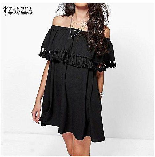 ZANZEA ZANZEA Women Off Shoulder Ruffled Flared Casual Loose Summer Tassel Party Beach Short Mini Dress Vestido (Black)