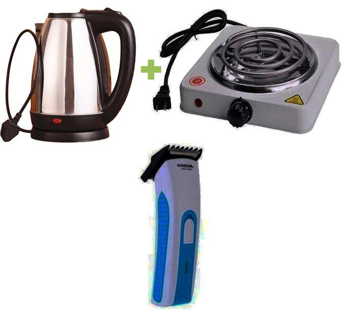 Electric Kettle + Hot Plate + Hair Trimmer, silver