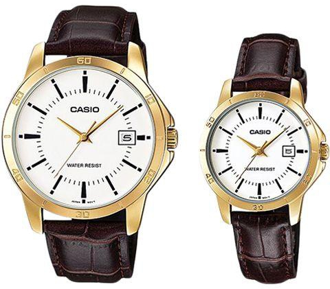 Casio His & Her White Dial Leather Band Couple Watch - MTP/LTP-V004GL-7AA