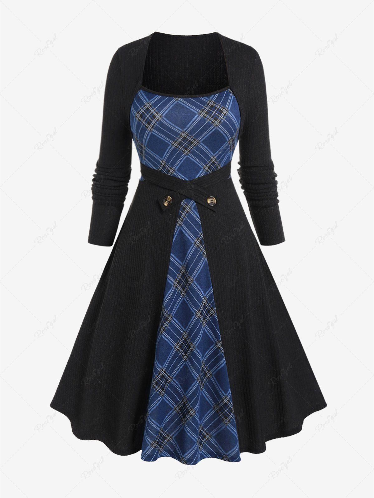 Plus Size Plaid Ribbed Colorblock Long Sleeves Knitted A Line Dress - 1x | Us 14-16