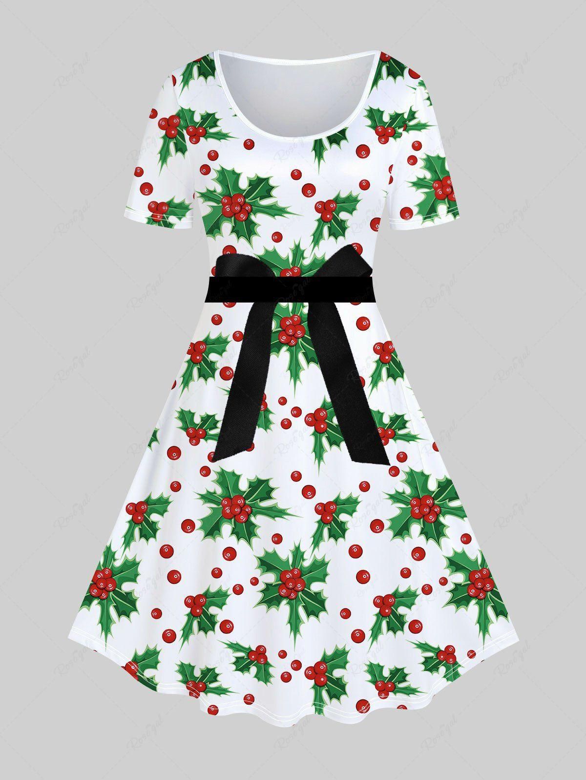 Plus Size 3D Bowknot Fruit Cherry Printed Vintage A Line Dress - 5x | Us 30-32
