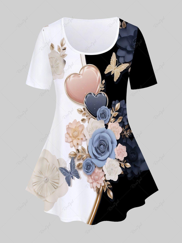 Plus Size 3D Heart Flower Butterfly Printed Two Tone Tee - 5x | Us 30-32