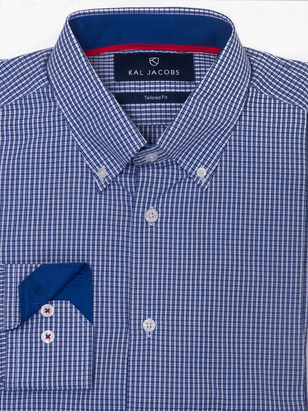 Tailored Fit White & Blue Cotton Check Shirt Size 15.5