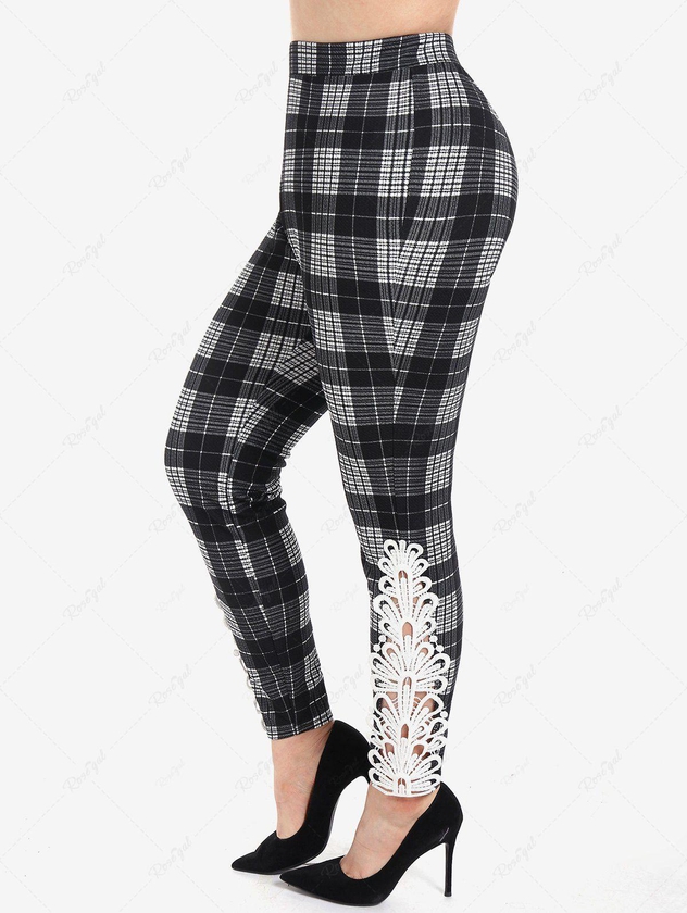 Plus Size Checked Guipure Lace Panel Skinny Pants - L | Us 12