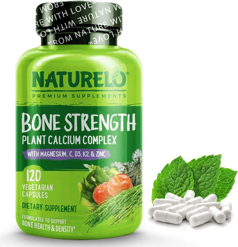 Naturelo Bone Strength - Plant-Based Calcium, Magnesium, Potassium, Vitamin D3, Vit C, K2 - Gmo, Soy, Gluten Free Ingredients - Best Whole Food Supplement For Bone Health - 120 Vegetarian Capsules