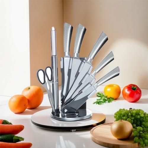 Chef Knife Set, Stainless Steel Kitchen Knives Set, Super Sharp Cutlery Set with Stand, Scissors & Sharpener Antibacterial, Durable, 7-Piece Set with Strong Handles and Polished Finish (Silver)