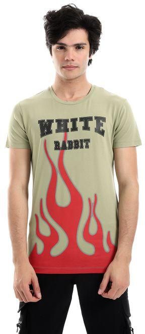White Rabbit Fire Printed Pattern Short Sleeves T-Shirt - Pickle Green, Black & Red