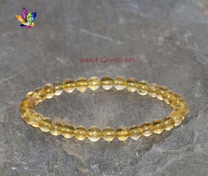 Sherif Gemstones Natural Citrine Bracelet 6mm Handmade Gemstone Beaded High Grade Golden Yellow Creativity Success