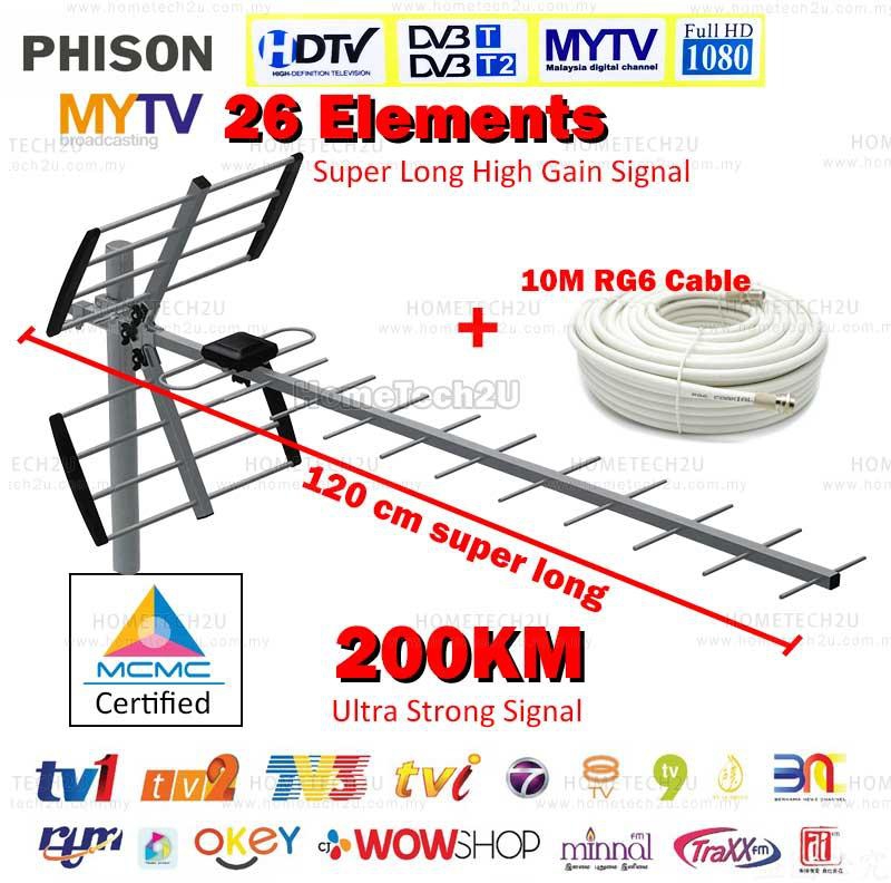 PHISON High Gain MYTV Digital Outdoor TV Antenna Aerial For DVBT2 HDTV with 10 meters cable (MCMC MALAYSIA CERTIFIED)