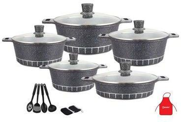 17-Piece Granite Cookware Set Includes 1xCasserole With Lid 20cm, 1xCsserole With Lid 24cm, 1xCasserole With Lid 28cm, 1xCasserole With Lid 32cm, 1xShallow Casserole With Lid 28cm, 7xCooking Tools Dark Grey
