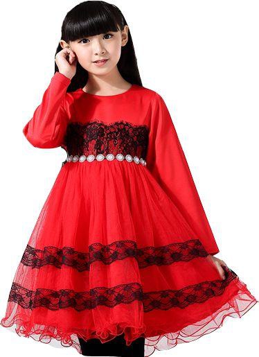 فستان بنات ربيعي أكمام طويلة من القطن مطعم بالتل اللون أحمر مقاس 12 -13 سنة