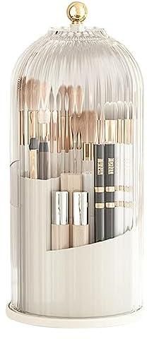 TAME Makeup Brush Holder Organizer -360° Rotating Luxury Cosmetic Organizer With Lid Desktop Makeup Organizer Lipstick Eyebrow Pencil Holder Eye Shadow Storage Box (white A)