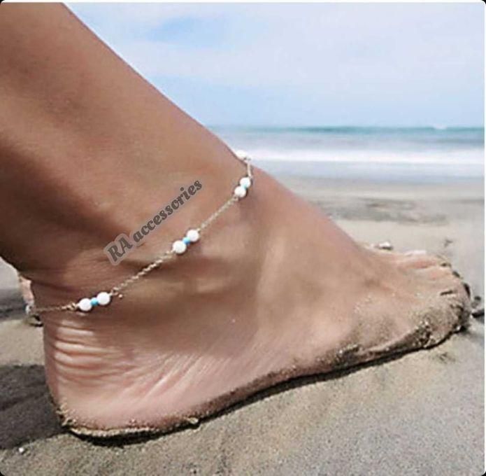 RA accessories Women Anklet - Metal Chain With Pearls & Beads Turquoise