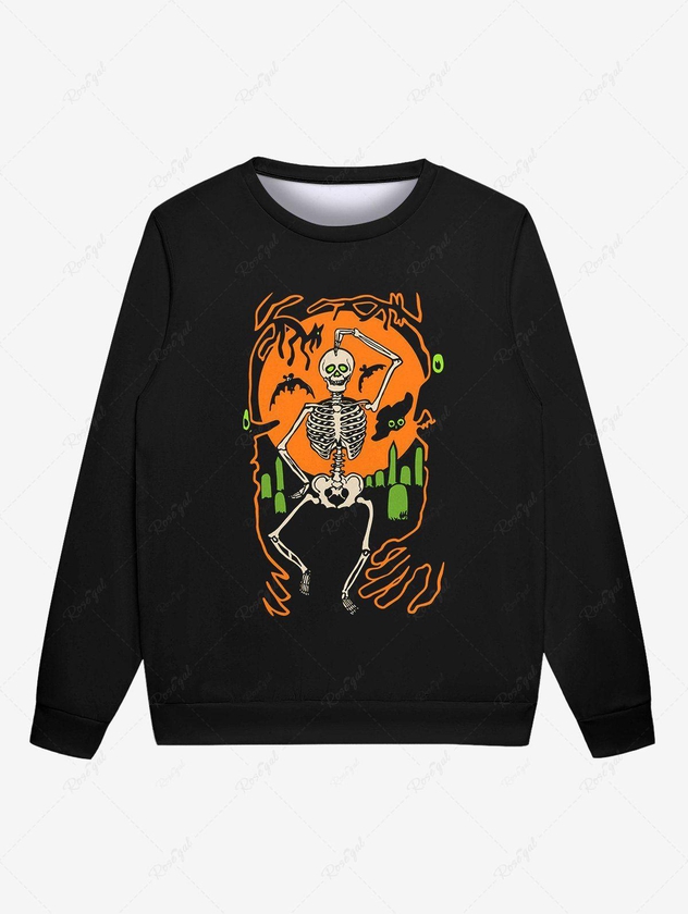 Gothic Halloween Skeleton Moon Bat Print Sweatshirt For Men - 6xl