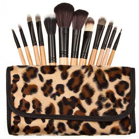 12 pieces Professional Makeup Brushes Gift Set with Faux Animal Print Carry Bag  - Brown