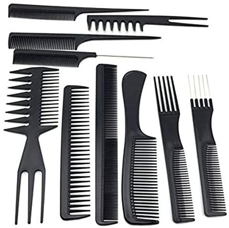 Hair Styling Hairdressing Plastic Barbers Brush Combs Set - Black, 10 Pieces