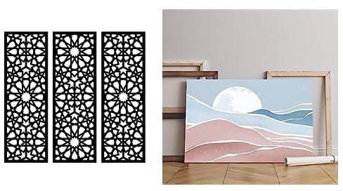 مجموعة لوحات فنية جدارية خشبية بتصميم ارابيسك من هوم جالاري مكونة من 3 الواح مقاس 80 × 80 سم + لوحة فنية جدارية من القماش مطبوعة معاصرة تجريدية مقاس 90×60 سم