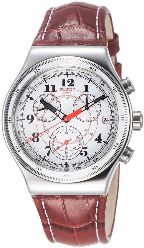 Swatch Men's Back To The Roots Tachymeter White Dial Brown Calfskin Leather Chronograph