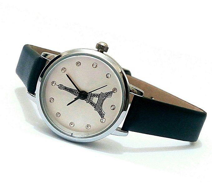 Generic Women leather black and silver Eiffel tower watch